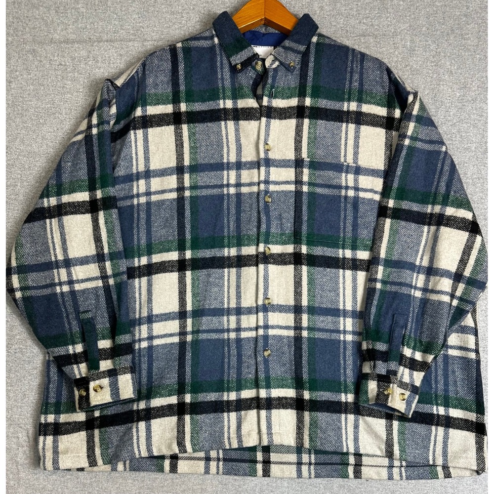 ASOS Oversized Flannel Shirt L Blue Green Wool Blend Plaid Heavy Soft Button Up